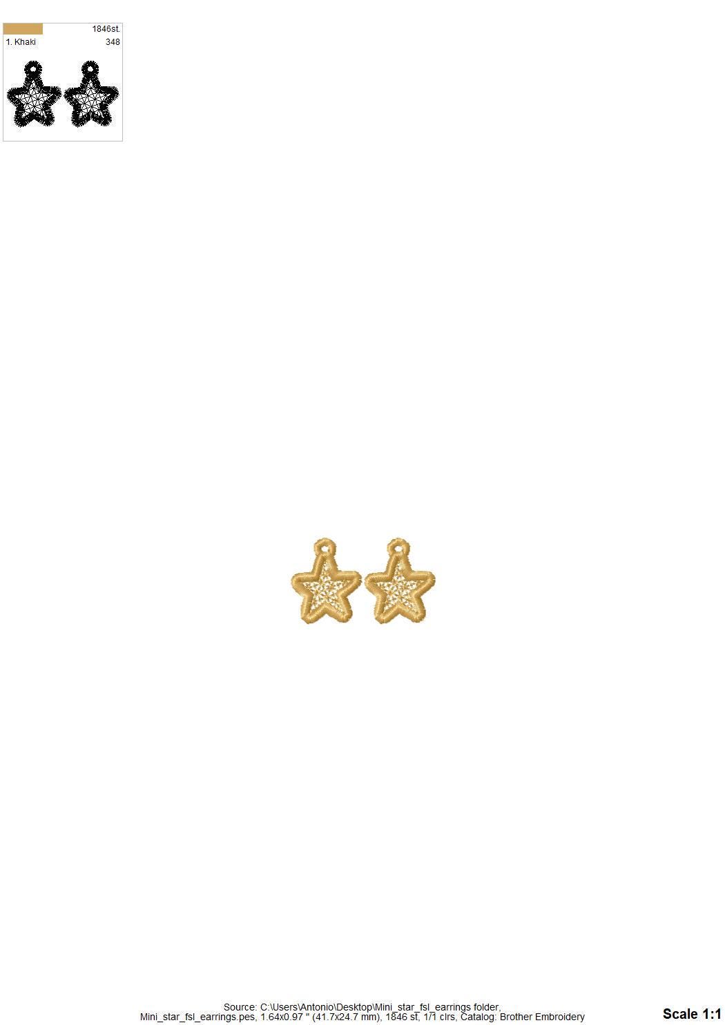 Mini Star dangle earrings in the hoop FSL freestanding lace machine embroidery designs size 1 inch girls kids charm quick simply ITH project