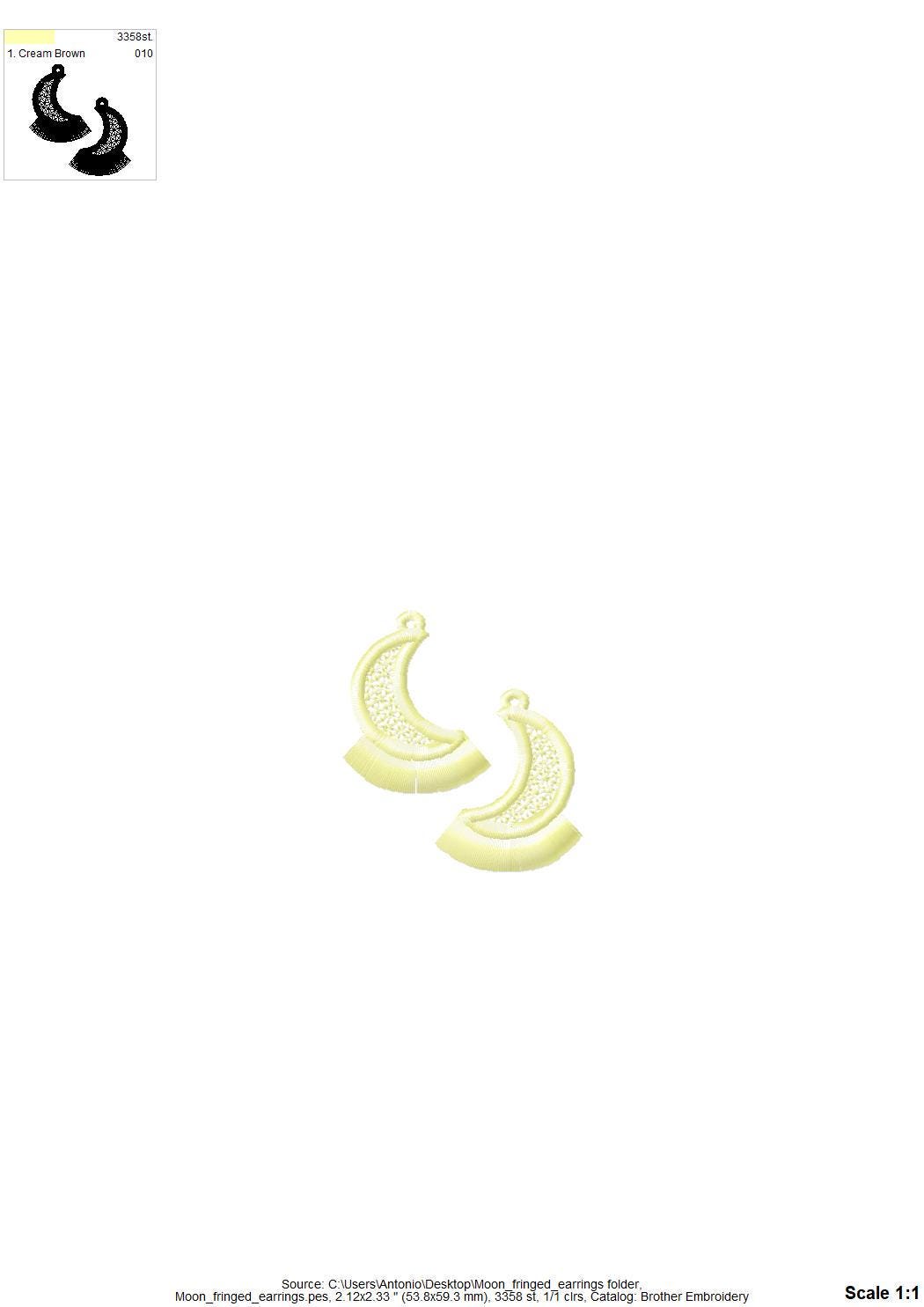 Fringed Fluffy Half Moon girls pretty earrings or charm in the hoop FSL freestanding lace fringe machine embroidery designs ITH size 1 inch