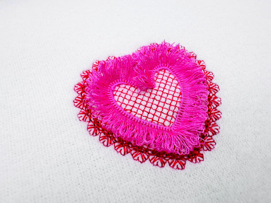Lovely Lace Edge Fringed Valentine Heart chenille Heart shape fringe ITH kids baby girls machine embroidery designs