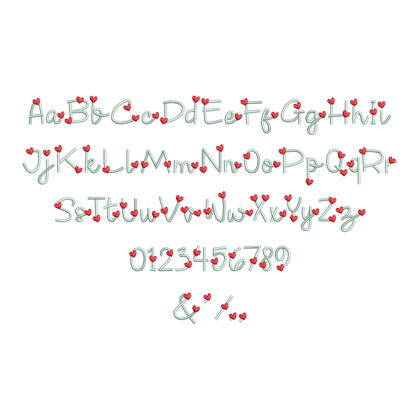 Hearts Font satin stitch line Alphabet Monogram machine embroidery designs handwritten Valentine Heart letters mini sizes 0.7 up to 1.3 inch