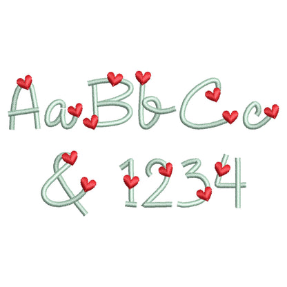 Hearts Font satin stitch line Alphabet Monogram machine embroidery designs handwritten Valentine Heart letters mini sizes 0.7 up to 1.3 inch