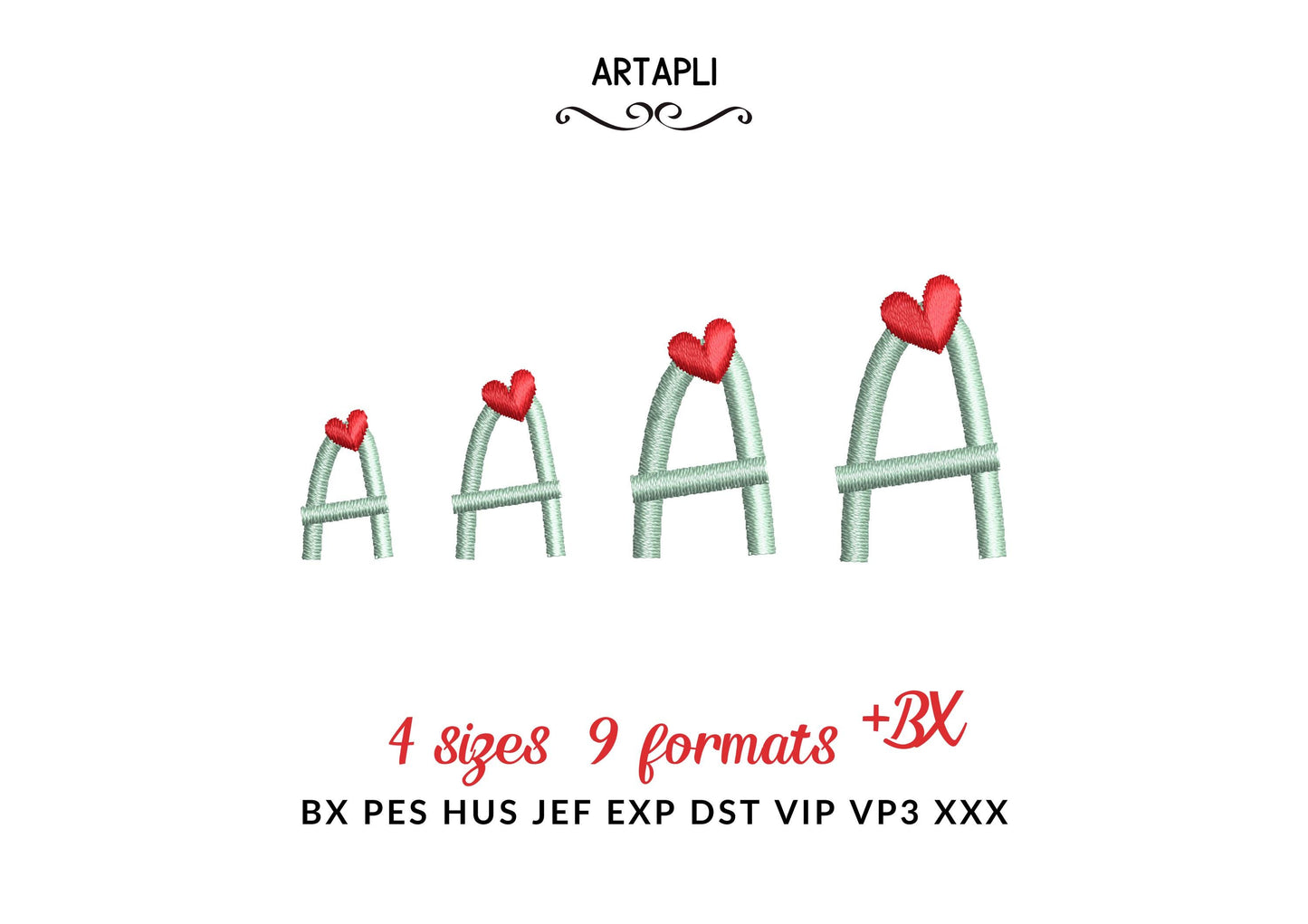 Hearts Font satin stitch line Alphabet Monogram machine embroidery designs handwritten Valentine Heart letters mini sizes 0.7 up to 1.3 inch