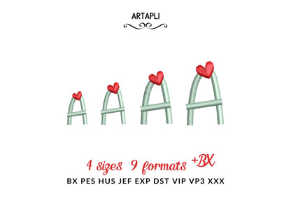 Hearts Font satin stitch line Alphabet Monogram machine embroidery designs handwritten Valentine Heart letters mini sizes 0.7 up to 1.3 inch