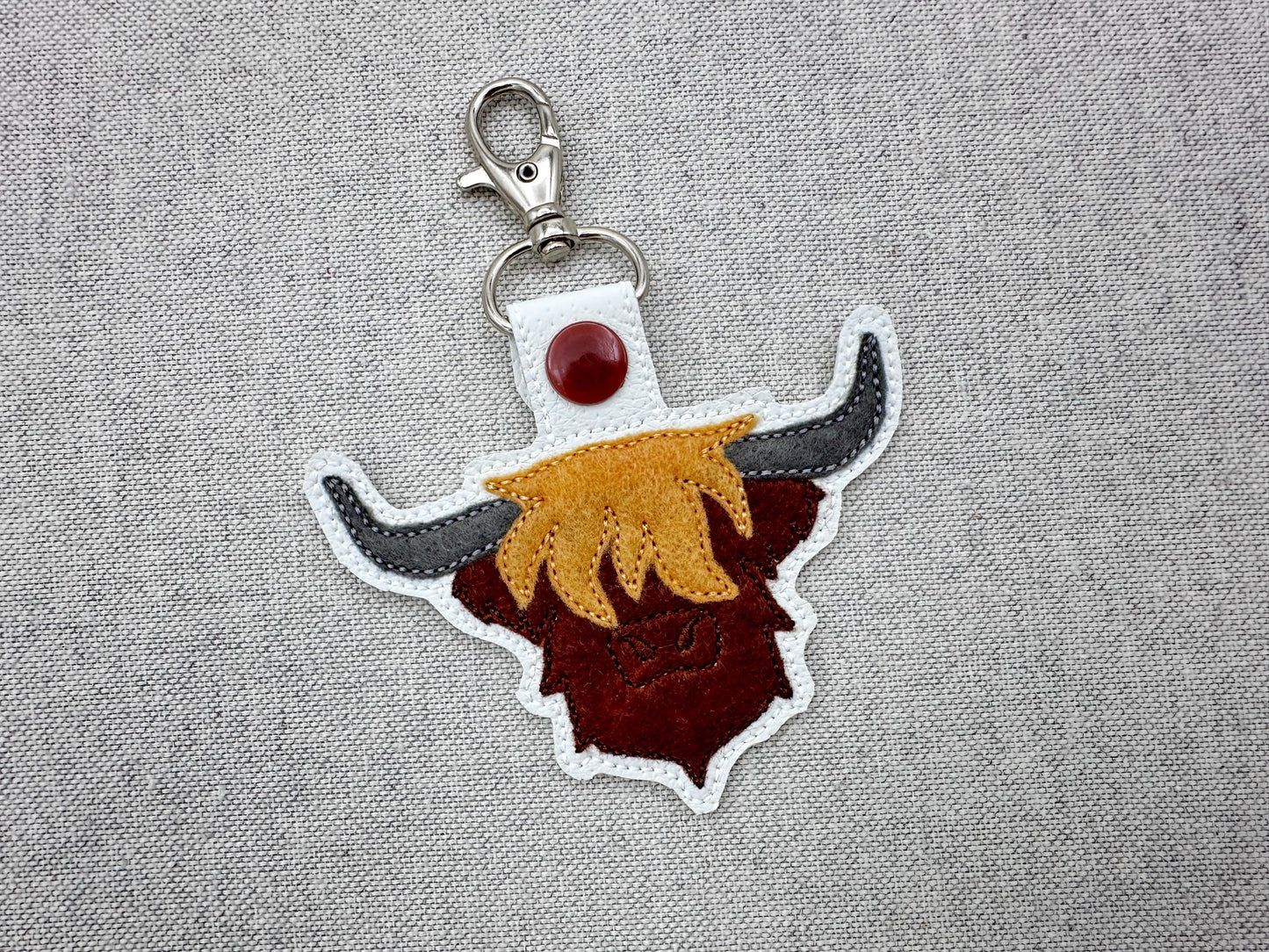 Rustic Highland Cow Bull Applique Eyelet and Key Fob Snap Tab keychain in the hoop machine embroidery designs ITH men boys key tag gift idea