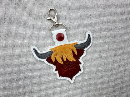 Rustic Highland Cow Bull Applique Eyelet and Key Fob Snap Tab keychain in the hoop machine embroidery designs ITH men boys key tag gift idea