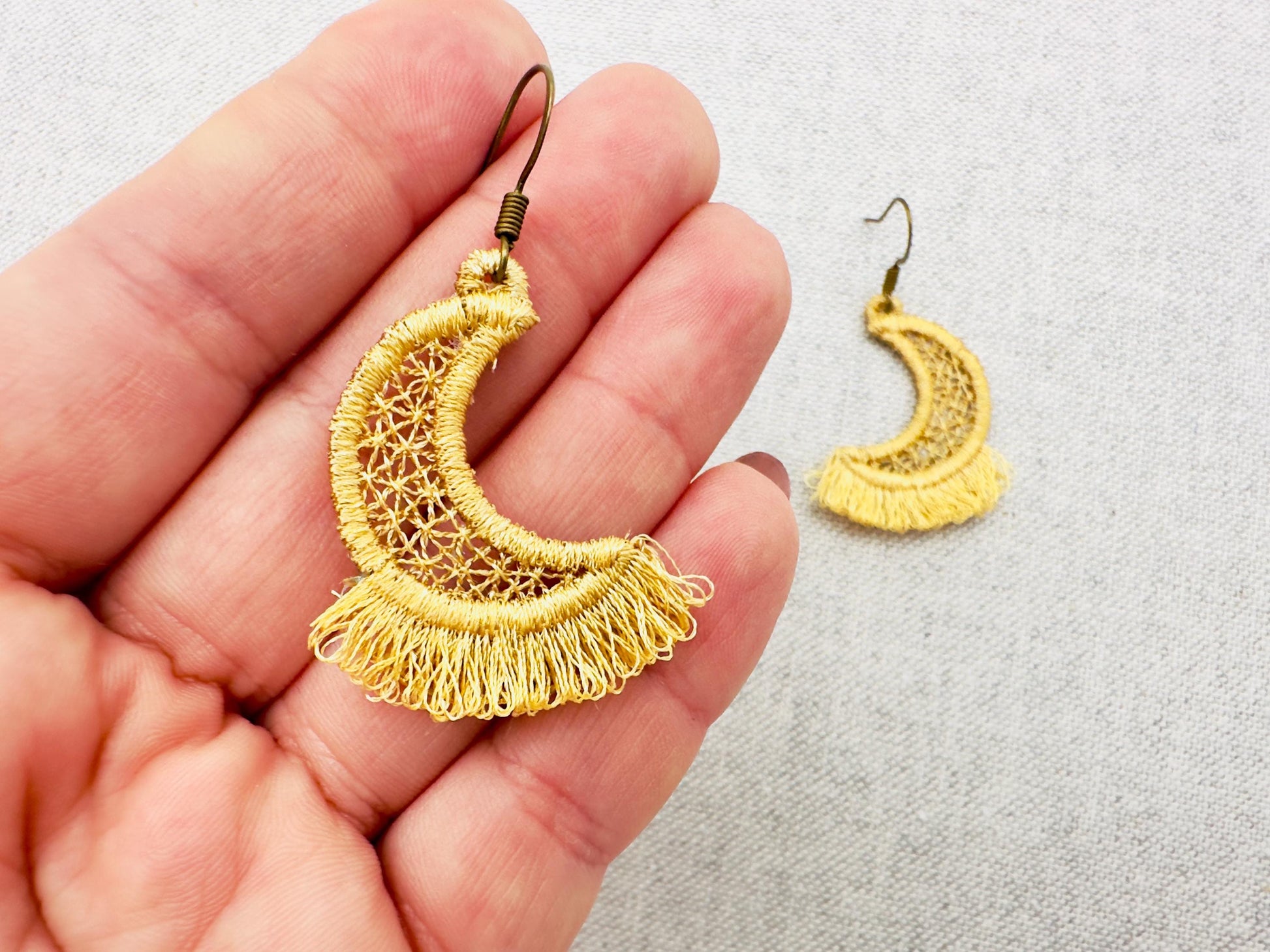 Fringed Fluffy Half Moon girls pretty earrings or charm in the hoop FSL freestanding lace fringe machine embroidery designs ITH size 1 inch