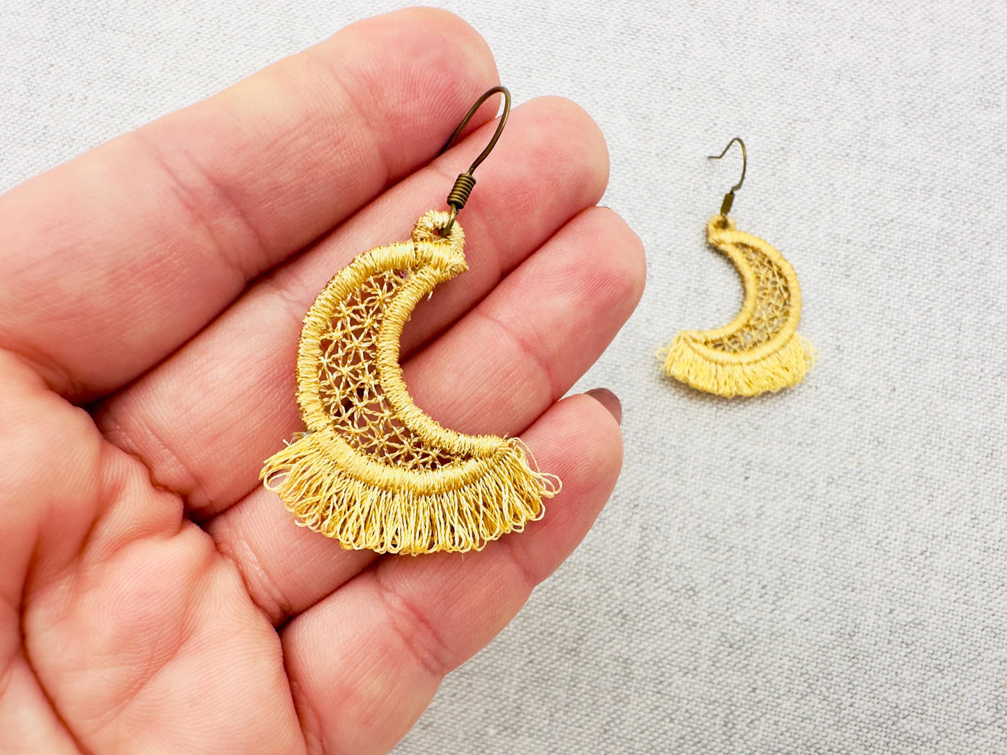 Fringed Fluffy Half Moon girls pretty earrings or charm in the hoop FSL freestanding lace fringe machine embroidery designs ITH size 1 inch