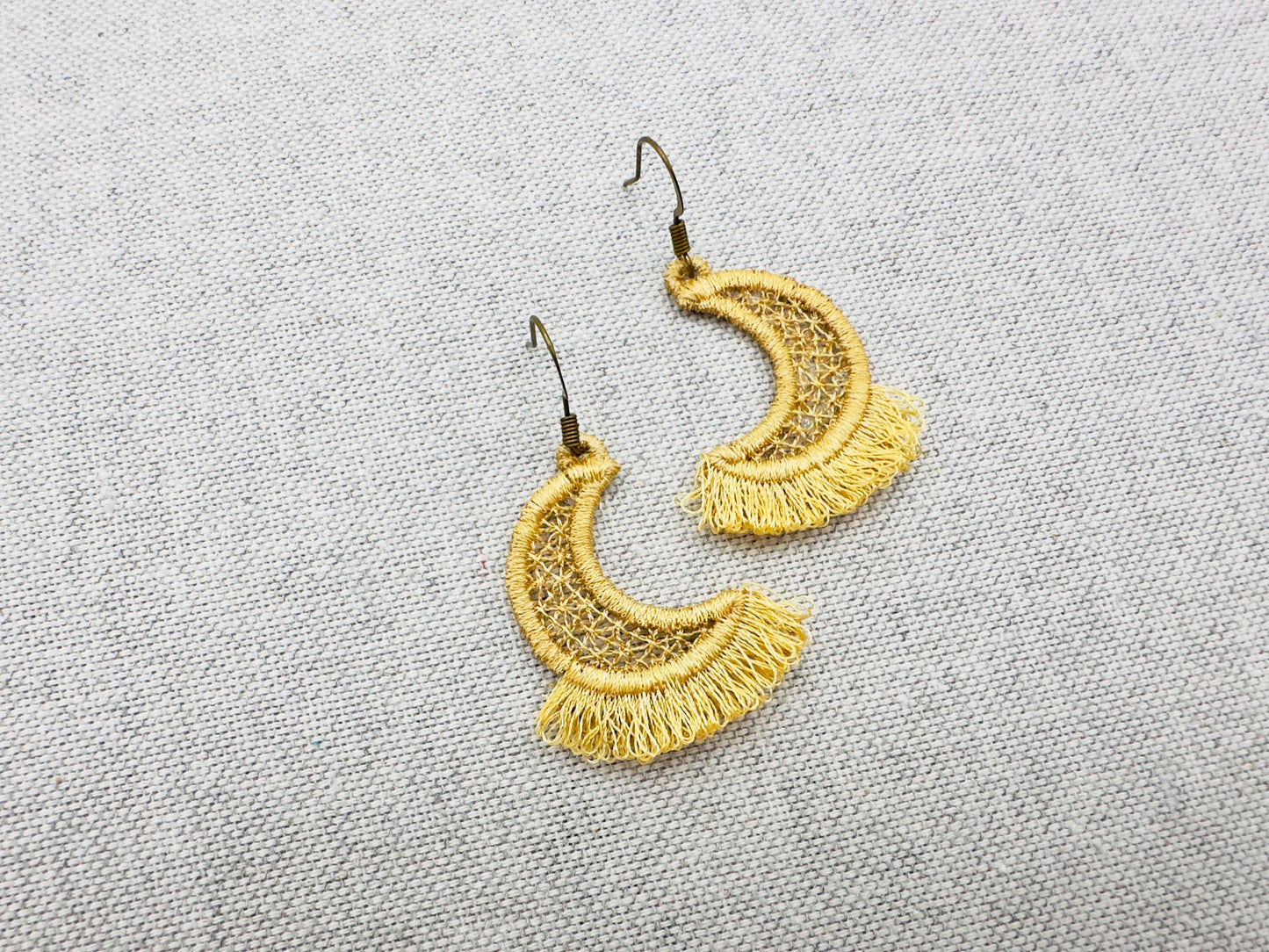 Fringed Fluffy Half Moon girls pretty earrings or charm in the hoop FSL freestanding lace fringe machine embroidery designs ITH size 1 inch