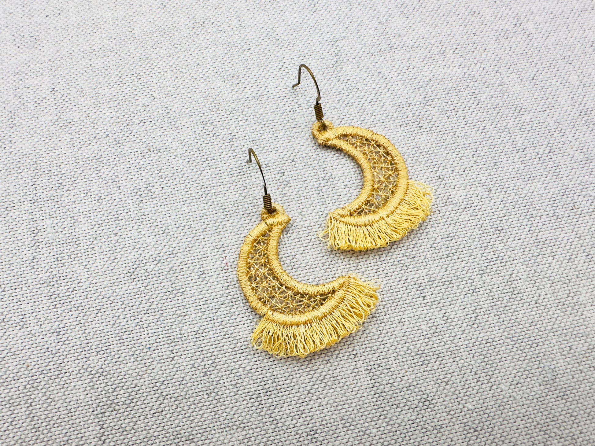 Fringed Fluffy Half Moon girls pretty earrings or charm in the hoop FSL freestanding lace fringe machine embroidery designs ITH size 1 inch