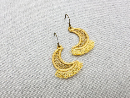 Fringed Fluffy Half Moon girls pretty earrings or charm in the hoop FSL freestanding lace fringe machine embroidery designs ITH size 1 inch