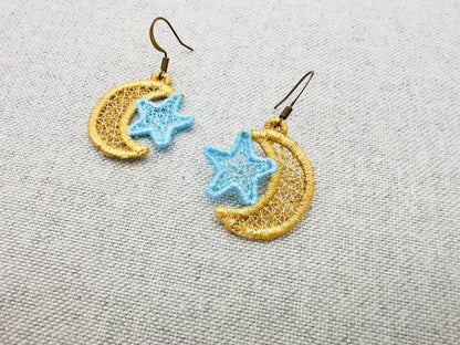 Moon and Star small earrings in the hoop FSL freestanding lace machine embroidery designs girls kids charm quick simply ITH