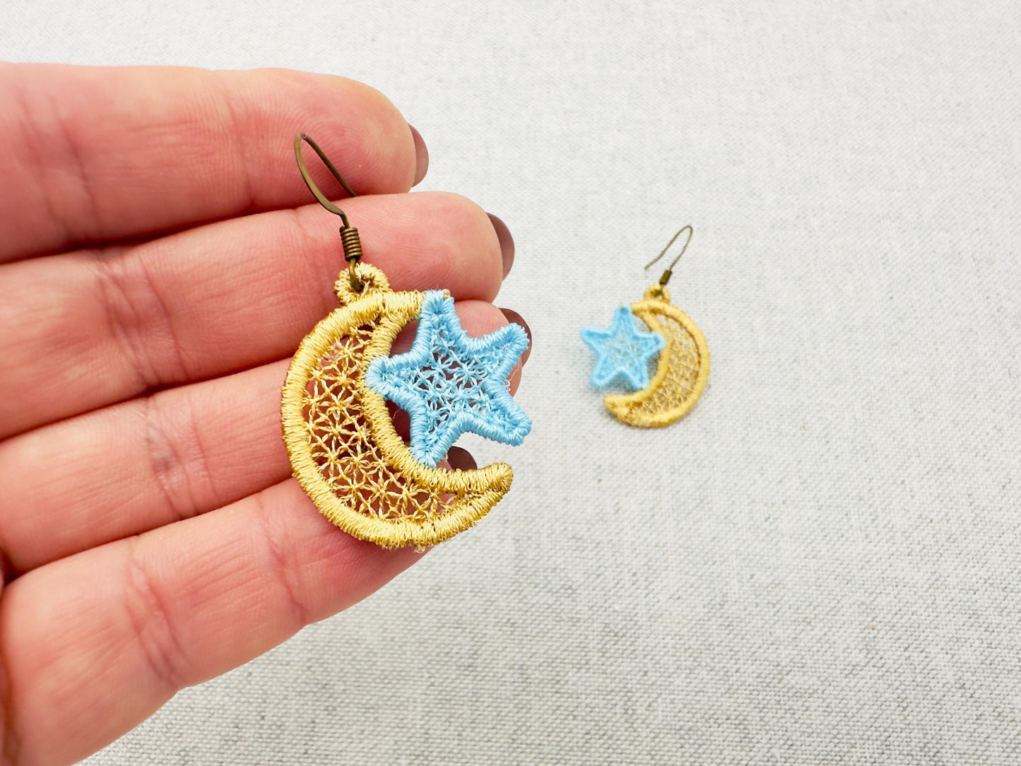 Moon and Star small earrings in the hoop FSL freestanding lace machine embroidery designs girls kids charm quick simply ITH