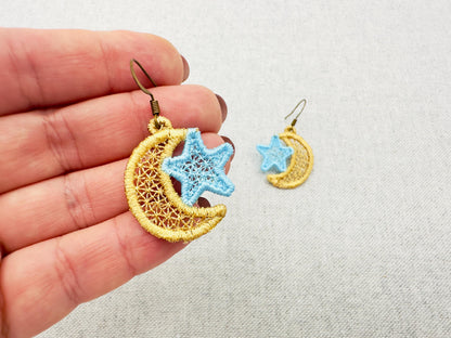 Moon and Star small earrings in the hoop FSL freestanding lace machine embroidery designs girls kids charm quick simply ITH