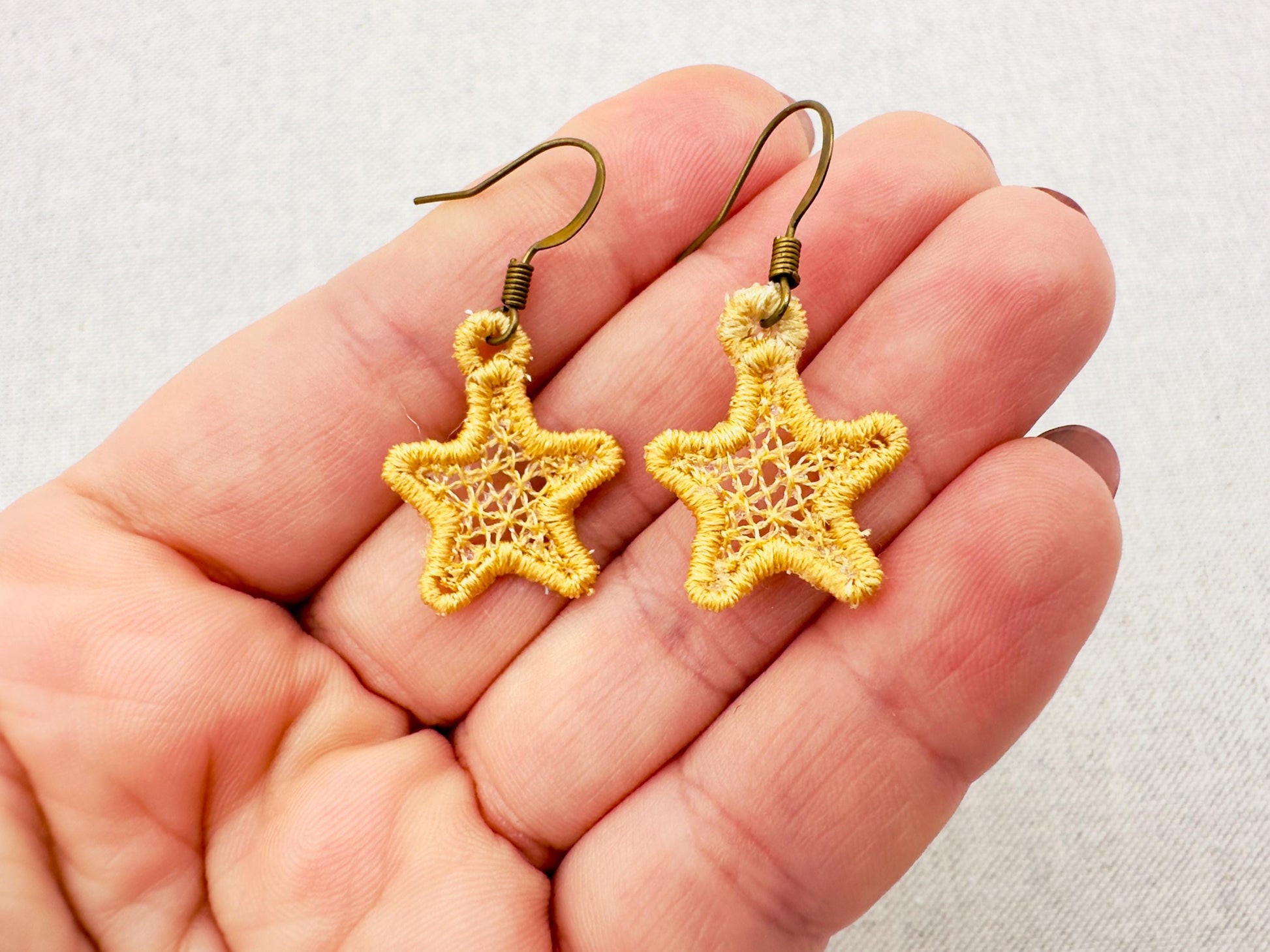 Mini Star dangle earrings in the hoop FSL freestanding lace machine embroidery designs size 1 inch girls kids charm quick simply ITH project
