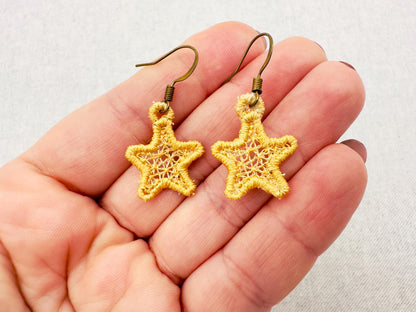 Mini Star dangle earrings in the hoop FSL freestanding lace machine embroidery designs size 1 inch girls kids charm quick simply ITH project