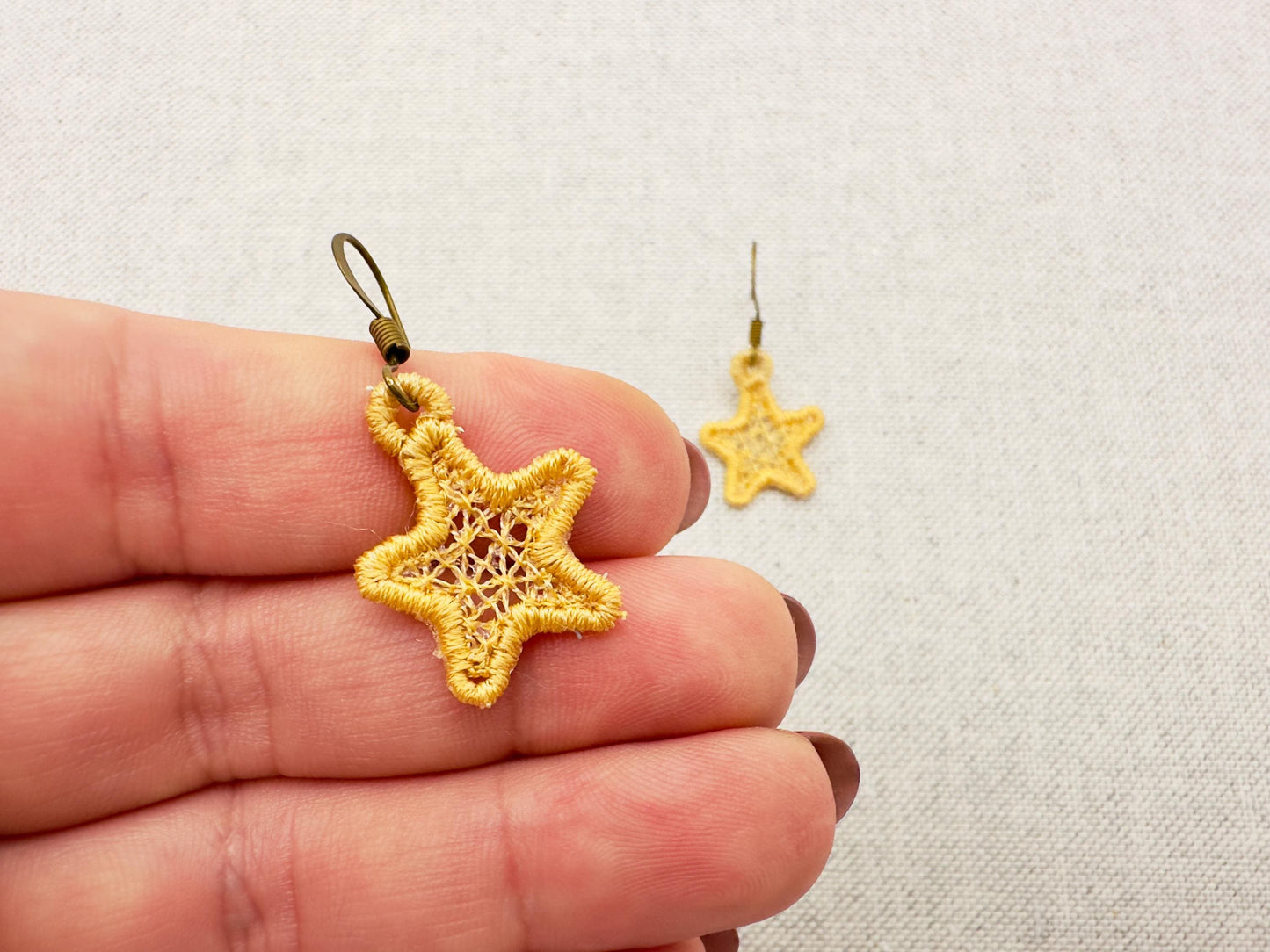 Mini Star dangle earrings in the hoop FSL freestanding lace machine embroidery designs size 1 inch girls kids charm quick simply ITH project
