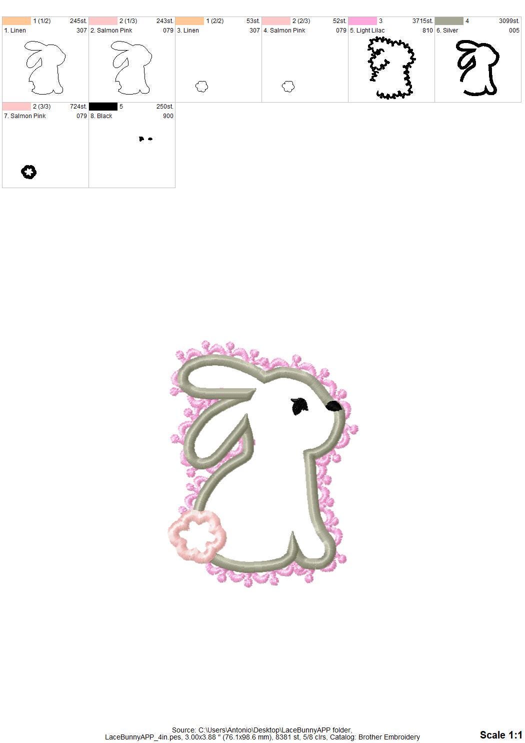 Delicate Lace Edge Bunny Applique kids girls Bunny outline machine embroidery designs many sizes 4 up to 8 inch cute little animal baby
