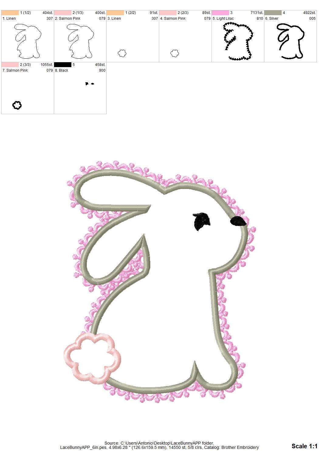 Delicate Lace Edge Bunny Applique kids girls Bunny outline machine embroidery designs many sizes 4 up to 8 inch cute little animal baby