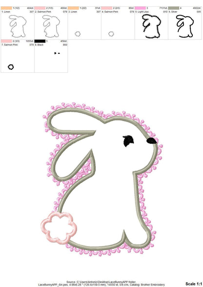 Delicate Lace Edge Bunny Applique kids girls Bunny outline machine embroidery designs many sizes 4 up to 8 inch cute little animal baby