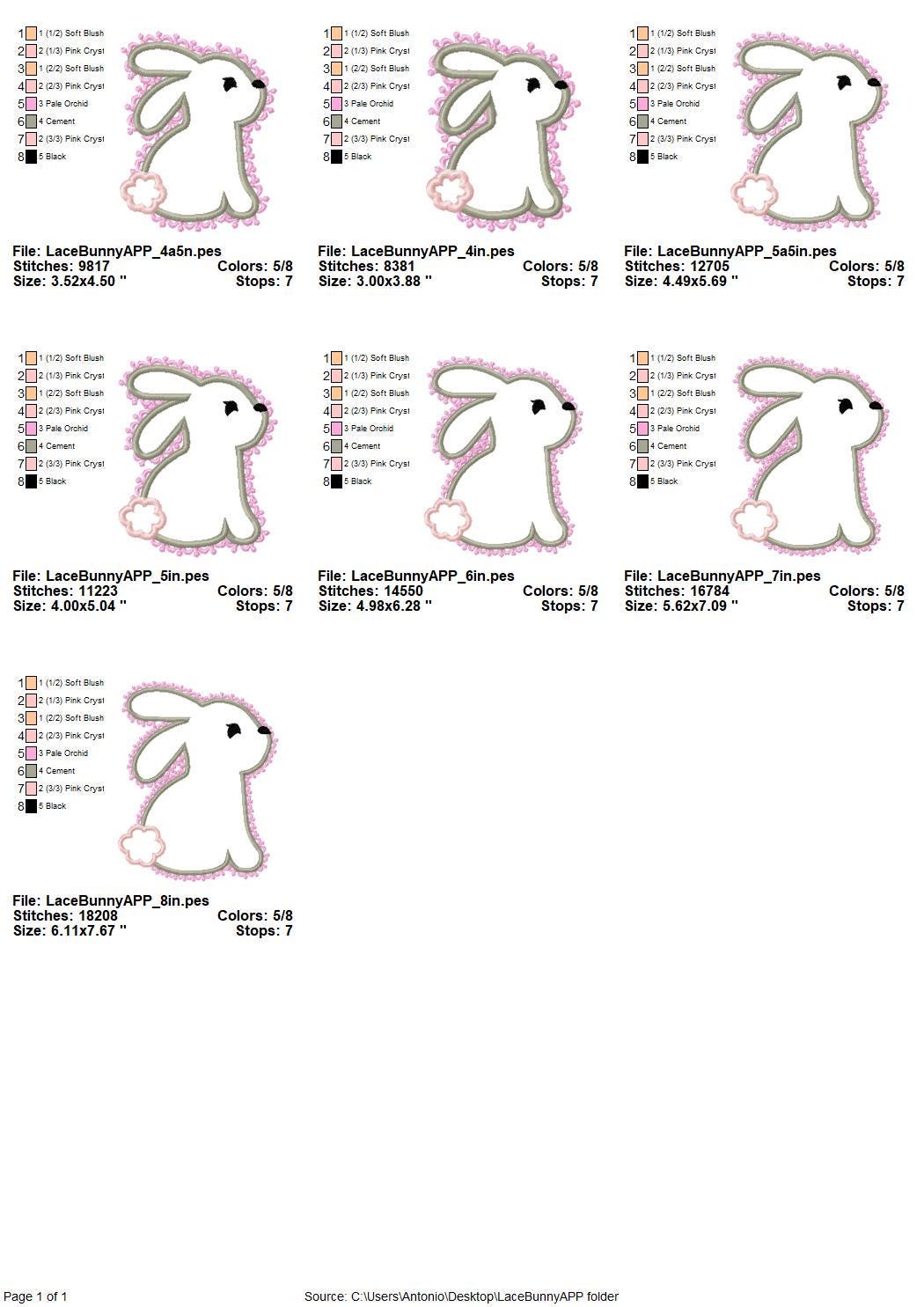 Delicate Lace Edge Bunny Applique kids girls Bunny outline machine embroidery designs many sizes 4 up to 8 inch cute little animal baby