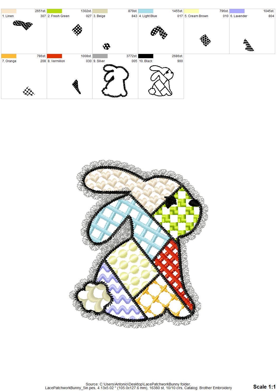Adorable Patchwork Bunny with Lace edge kids baby girls outfit patterned Bunny outline machine embroidery designs many sizes 3 up to 8 inch