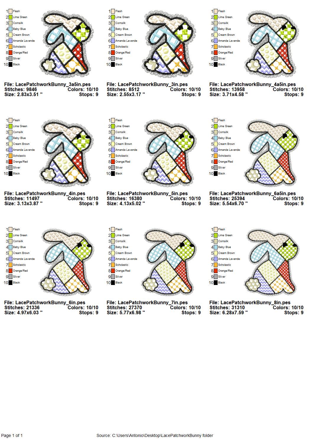 Adorable Patchwork Bunny with Lace edge kids baby girls outfit patterned Bunny outline machine embroidery designs many sizes 3 up to 8 inch