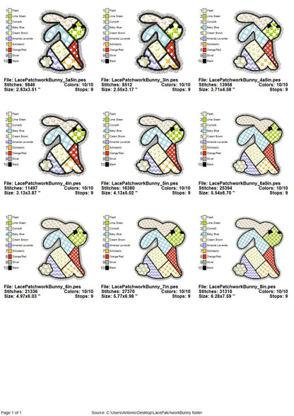 Adorable Patchwork Bunny with Lace edge kids baby girls outfit patterned Bunny outline machine embroidery designs many sizes 3 up to 8 inch