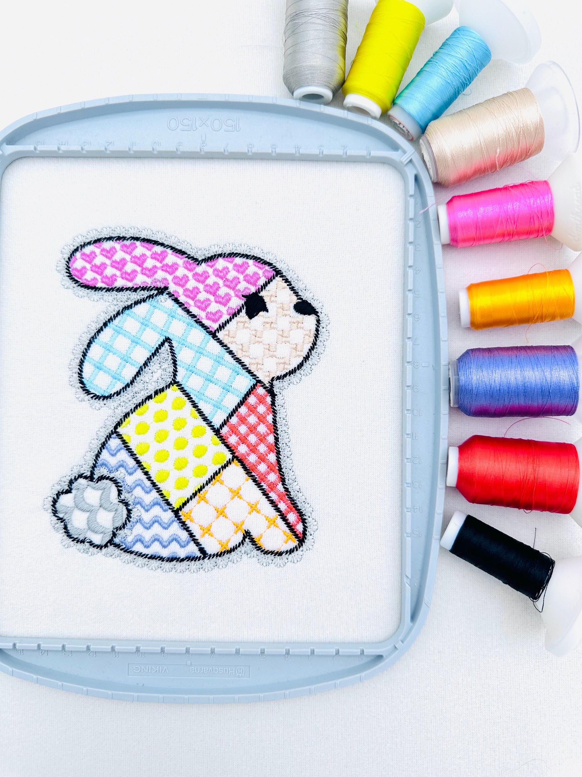 Adorable Patchwork Bunny with Lace edge kids baby girls outfit patterned Bunny outline machine embroidery designs many sizes 3 up to 8 inch