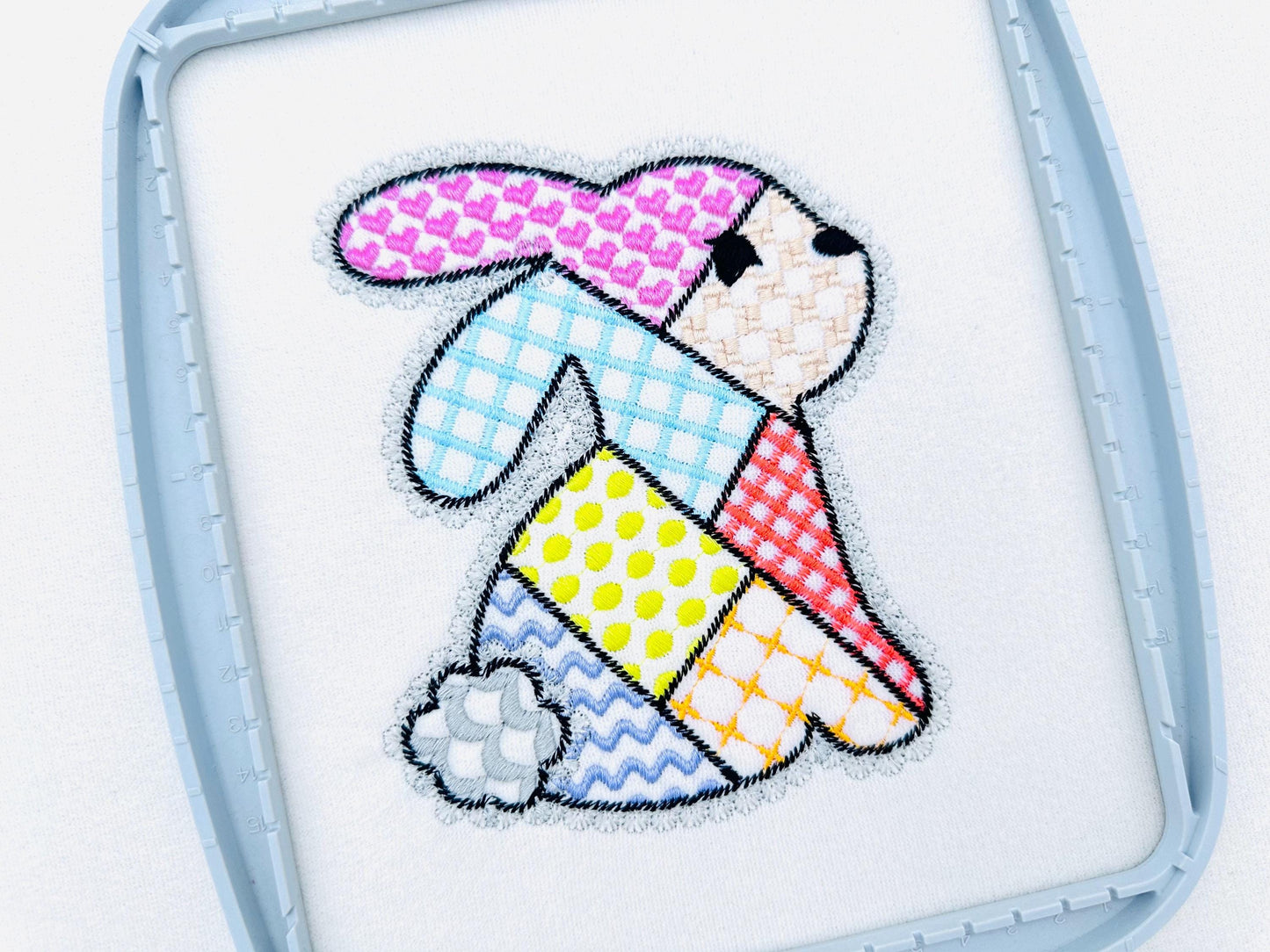 Adorable Patchwork Bunny with Lace edge kids baby girls outfit patterned Bunny outline machine embroidery designs many sizes 3 up to 8 inch