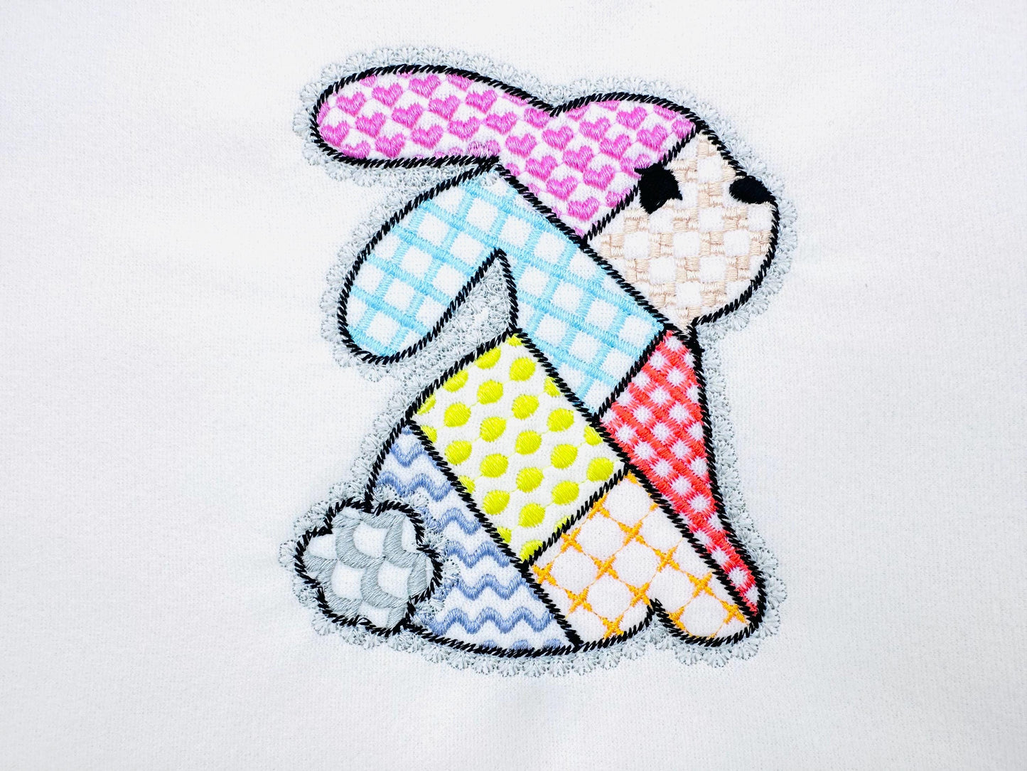 Adorable Patchwork Bunny with Lace edge kids baby girls outfit patterned Bunny outline machine embroidery designs many sizes 3 up to 8 inch