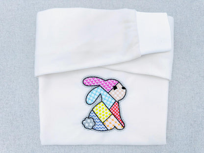 Adorable Patchwork Bunny with Lace edge kids baby girls outfit patterned Bunny outline machine embroidery designs many sizes 3 up to 8 inch