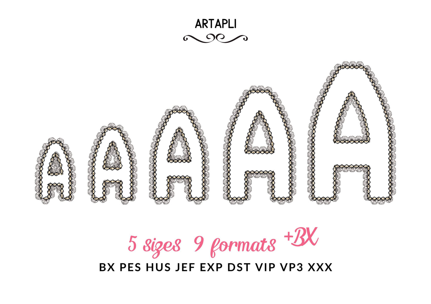 Lace Edge Font Applique – Glitter embroidery design instant download by Artapli