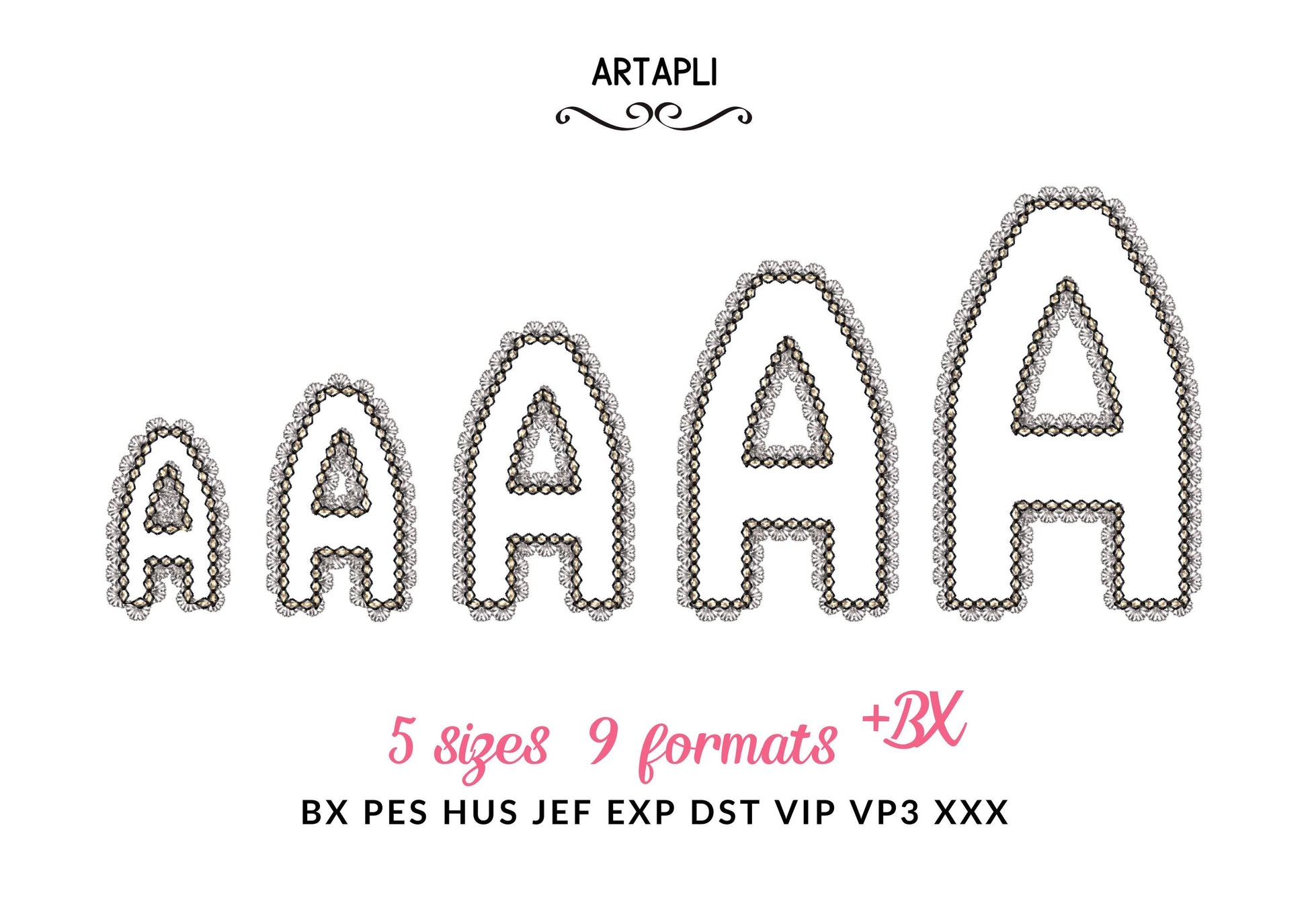 Lace Edge Font Applique – Glitter embroidery design instant download by Artapli