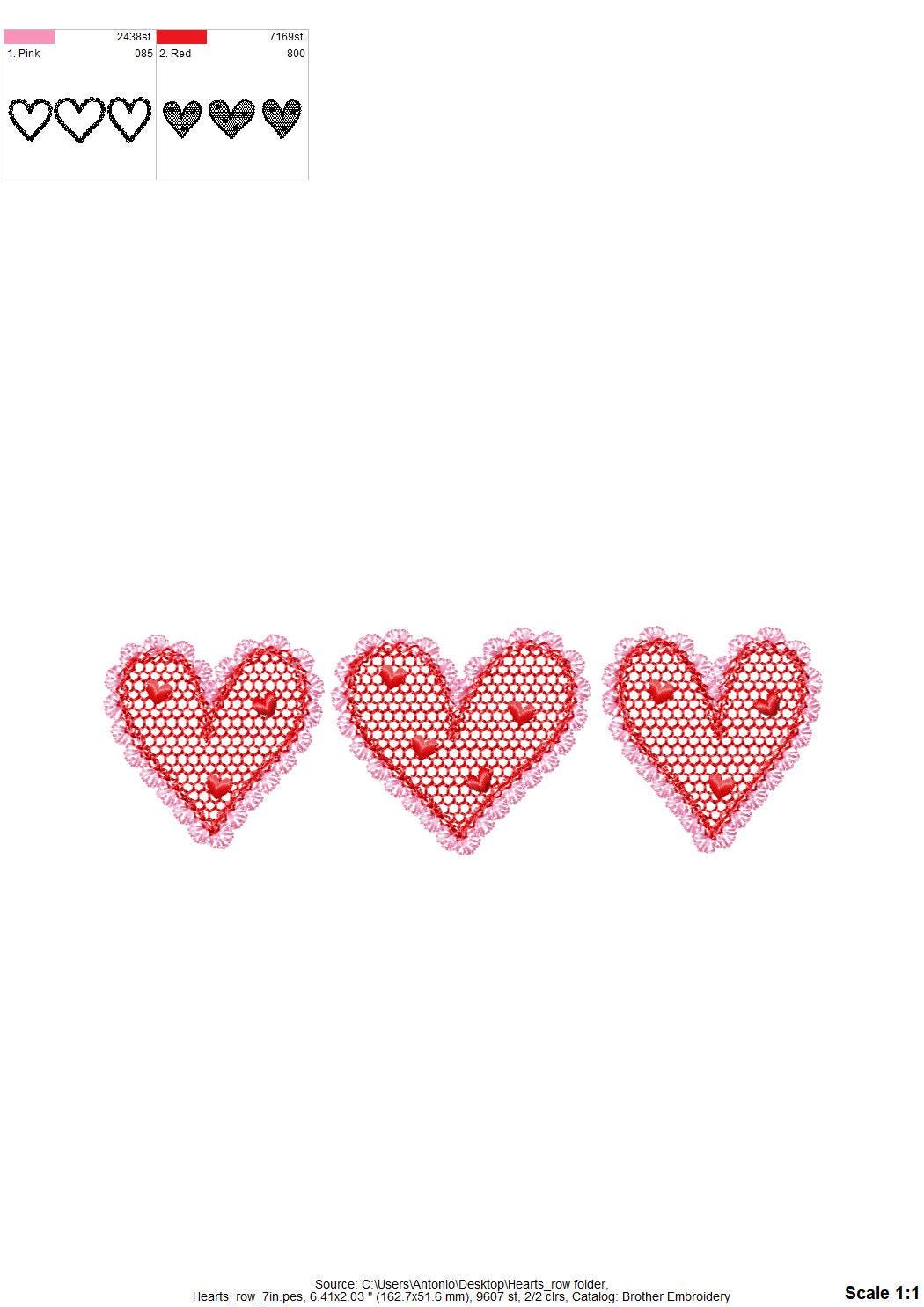 Three Hearts in a row Heart patterned lace effect and awesome lace edge machine embroidery designs sizes 5 up to 9 in Valentines Day Border
