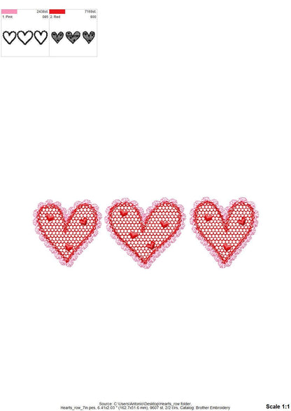 Three Hearts in a row Heart patterned lace effect and awesome lace edge machine embroidery designs sizes 5 up to 9 in Valentines Day Border