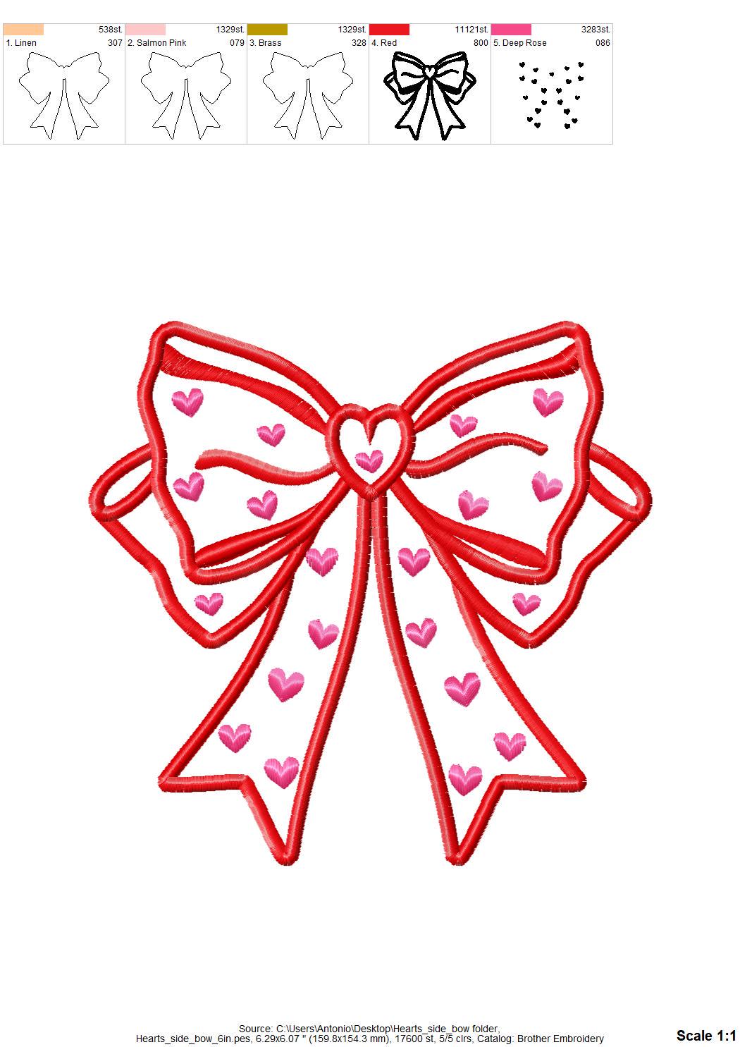 Heart patterned split seam Side Bow Heart Heirloom Applique machine embroidery designs Valentines day Girly Bow