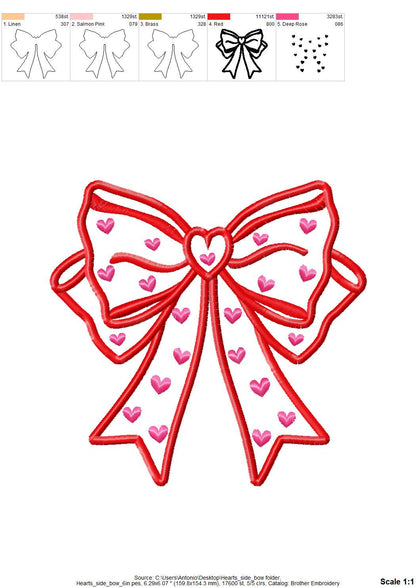 Heart patterned split seam Side Bow Heart Heirloom Applique machine embroidery designs Valentines day Girly Bow