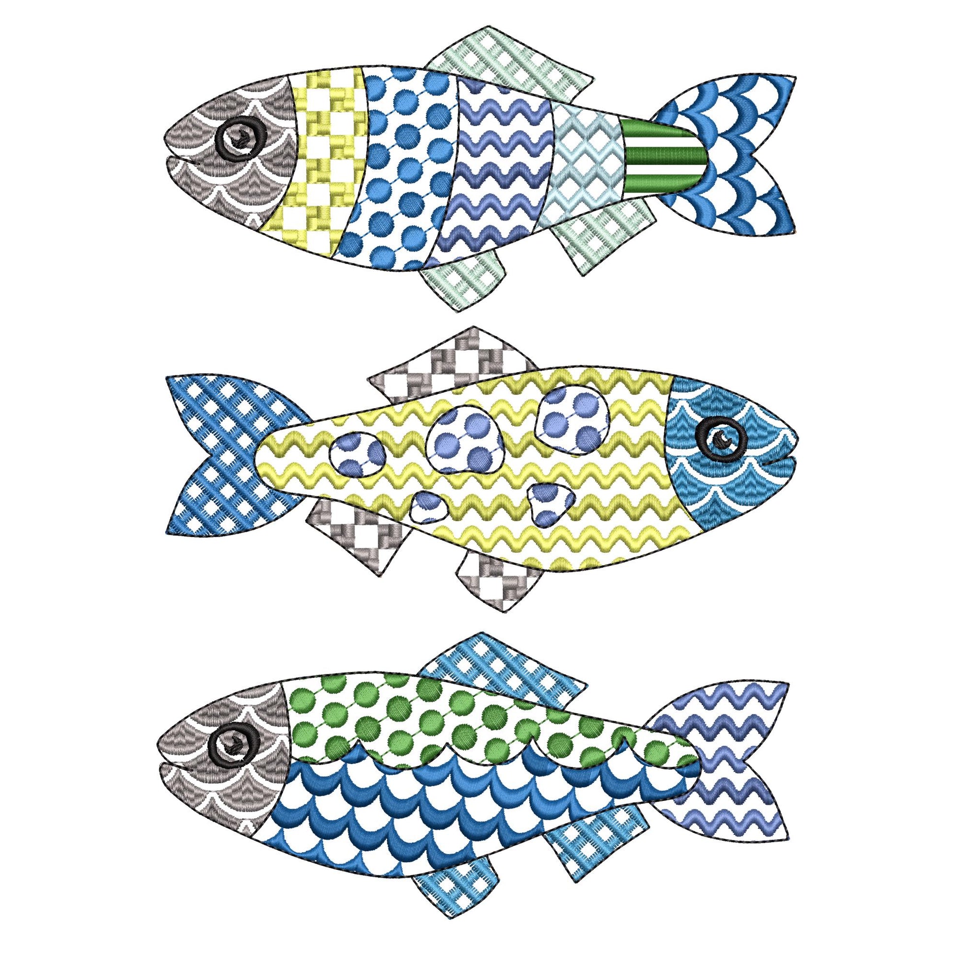 Patchwork Fish SET of 3 cute patterned Fish outline kids baby nautical Fisher Fisherman machine embroidery designs