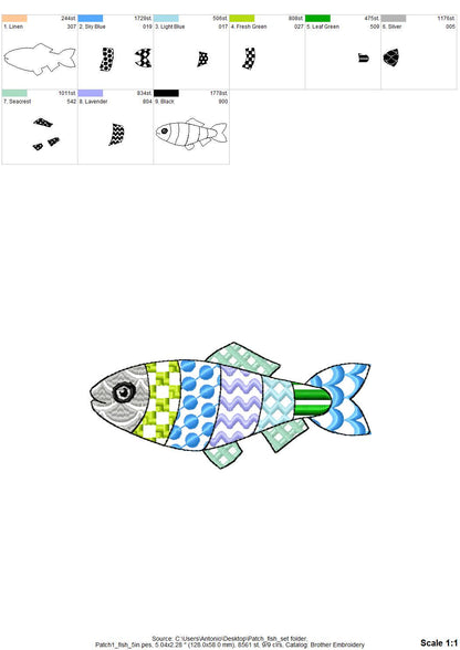 Patchwork Fish SET of 3 cute patterned Fish outline kids baby nautical Fisher Fisherman machine embroidery designs
