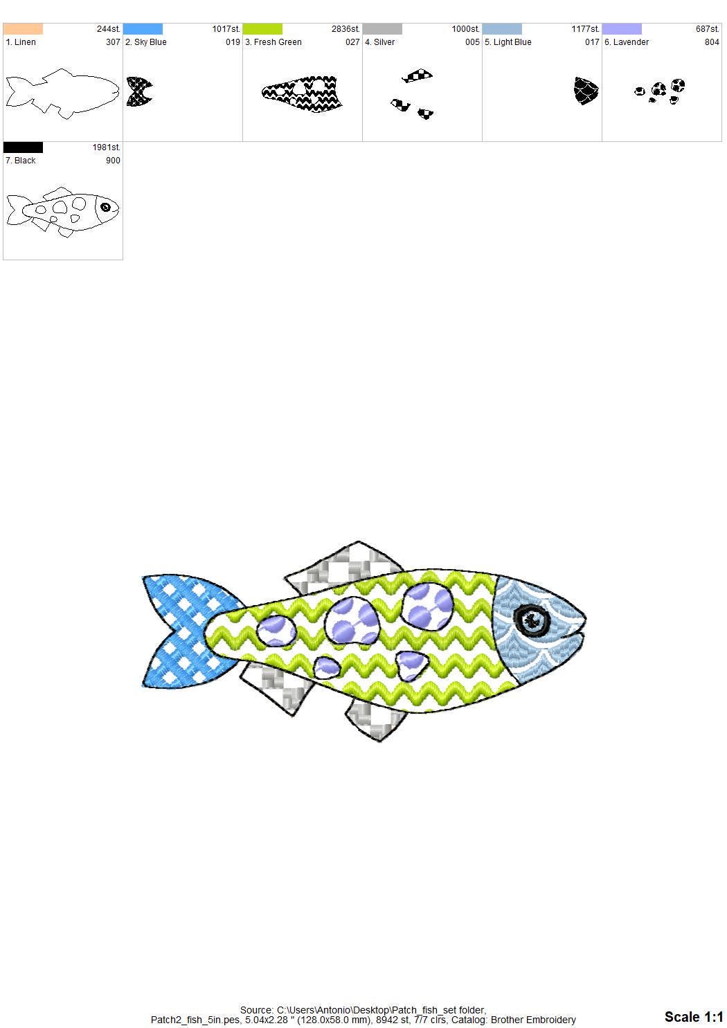 Patchwork Fish SET of 3 cute patterned Fish outline kids baby nautical Fisher Fisherman machine embroidery designs