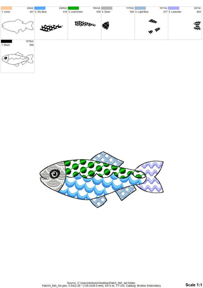 Patchwork Fish SET of 3 cute patterned Fish outline kids baby nautical Fisher Fisherman machine embroidery designs