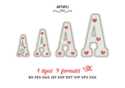 Lace Edge Valentine FONT lace patterned Alphabet Monogram Heart patterned letters machine embroidery designs sizes 2.9 up to 5.4 inch, BX