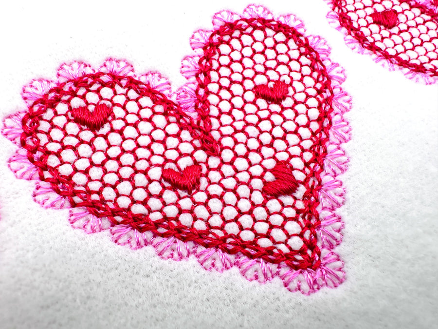 Three Hearts in a row Heart patterned lace effect and awesome lace edge machine embroidery designs sizes 5 up to 9 in Valentines Day Border