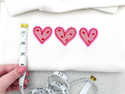 Three Hearts in a row Heart patterned lace effect and awesome lace edge machine embroidery designs sizes 5 up to 9 in Valentines Day Border