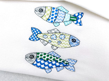 Patchwork Fish SET of 3 cute patterned Fish outline kids baby nautical Fisher Fisherman machine embroidery designs
