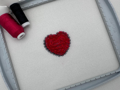 Lace Edge Fringed Valentine Heart chenille awesome Fringe Heart fringe ITH in the hoop machine embroidery designs mini sizes 1.5 up to 3 in