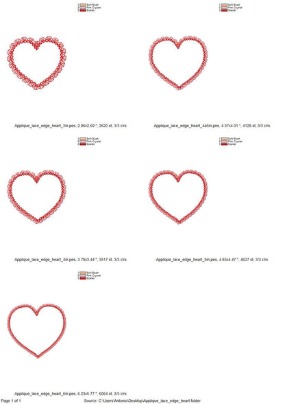 Delicate Lace Edge Heart Applique kids baby girls Valentine Monogram Heart shape frame machine embroidery designs sizes 3 up to 6 inch