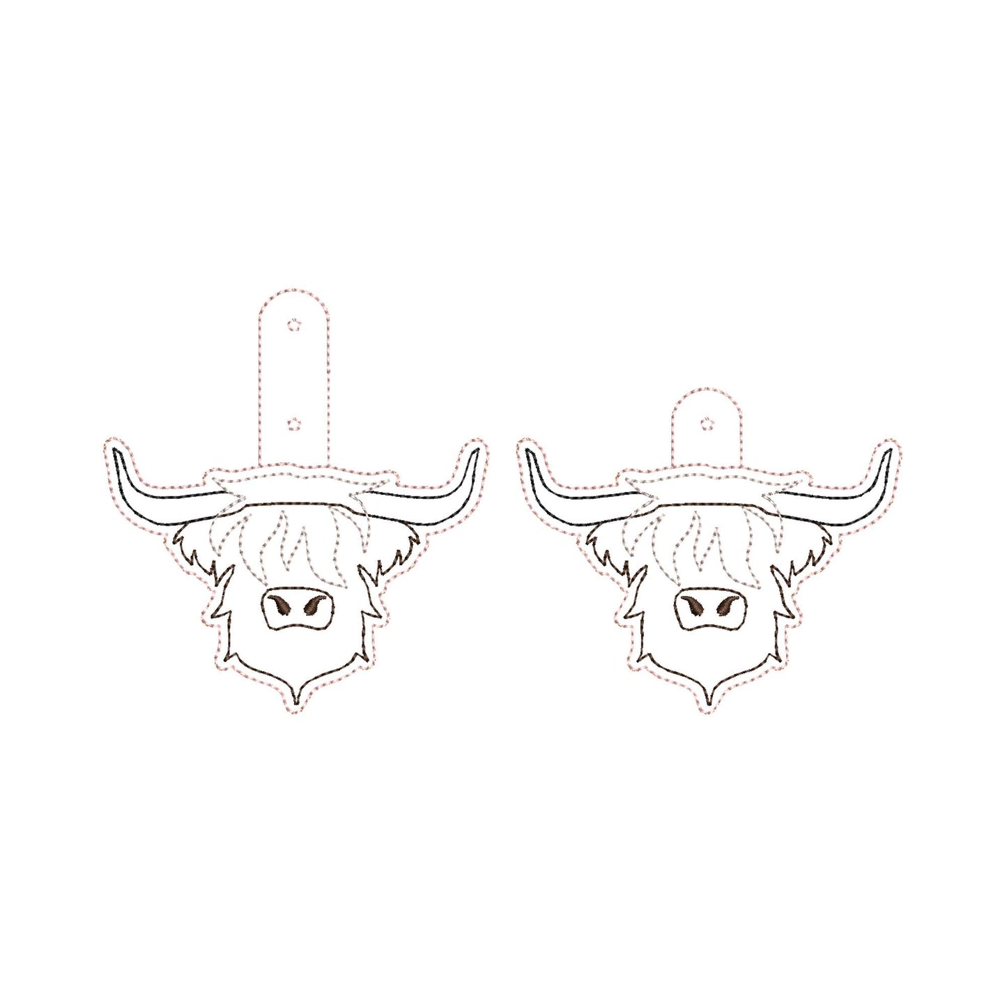 Rustic Highland Cow Bull Applique Eyelet and Key Fob Snap Tab keychain in the hoop machine embroidery designs ITH men boys key tag gift idea