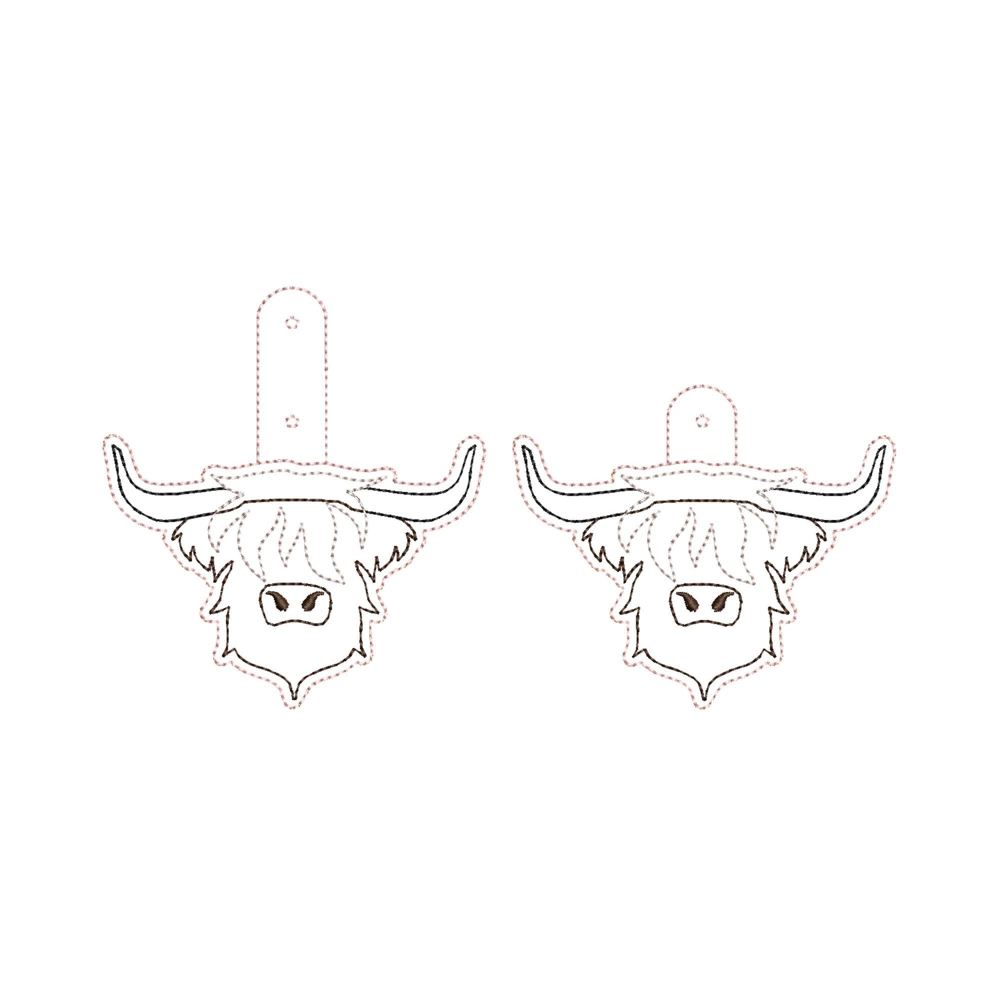 Rustic Highland Cow Bull Applique Eyelet and Key Fob Snap Tab keychain in the hoop machine embroidery designs ITH men boys key tag gift idea