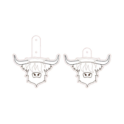 Rustic Highland Cow Bull Applique Eyelet and Key Fob Snap Tab keychain in the hoop machine embroidery designs ITH men boys key tag gift idea